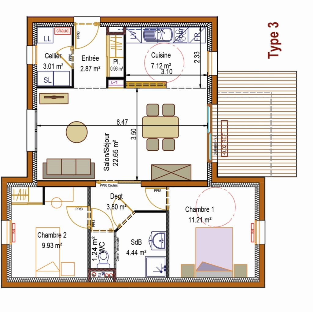 Plan T3 appartement Hexome
